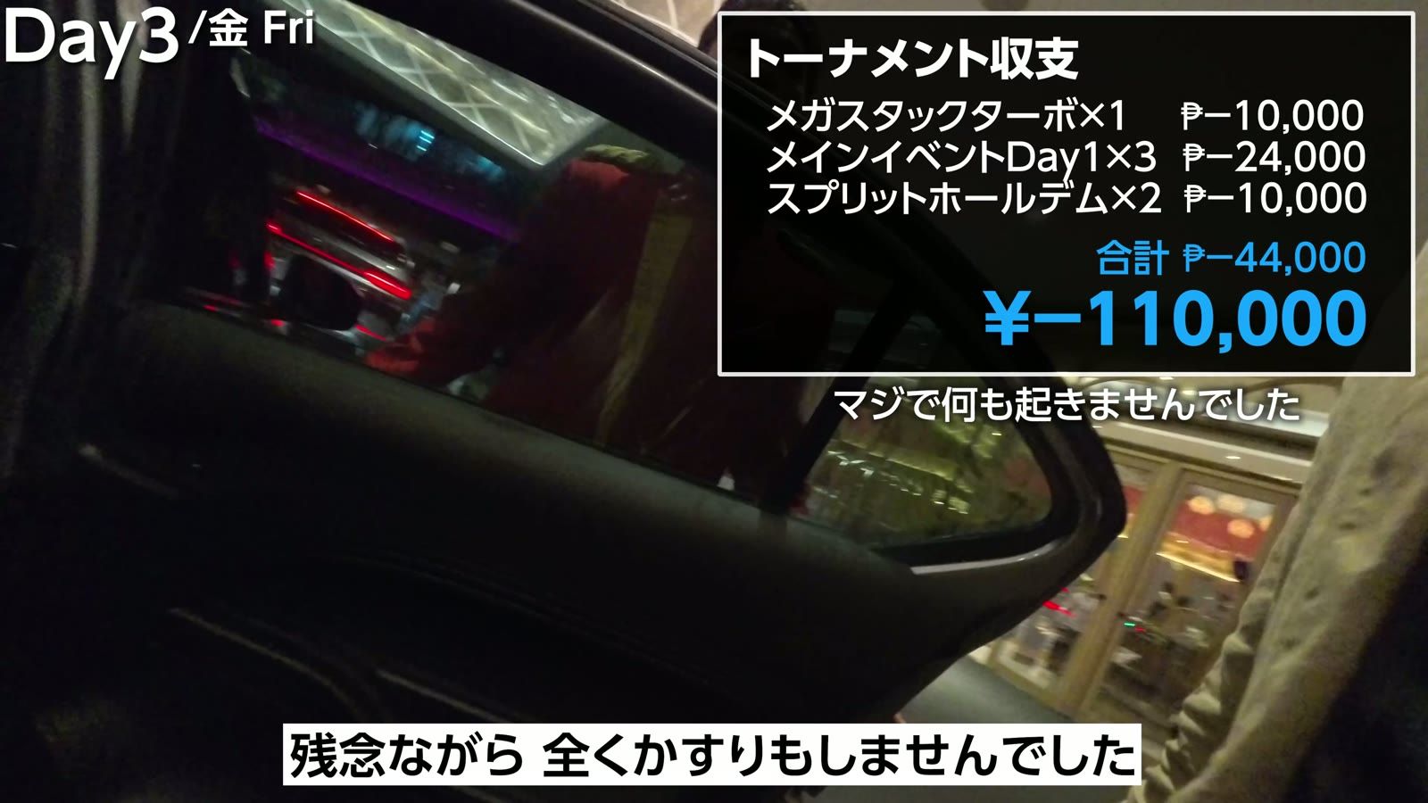 トーナメント収支。メガスタックターボ×1、メインイベントDay1×3、スプリットホールデム×2で合計 −₱44,000（−110,000円）