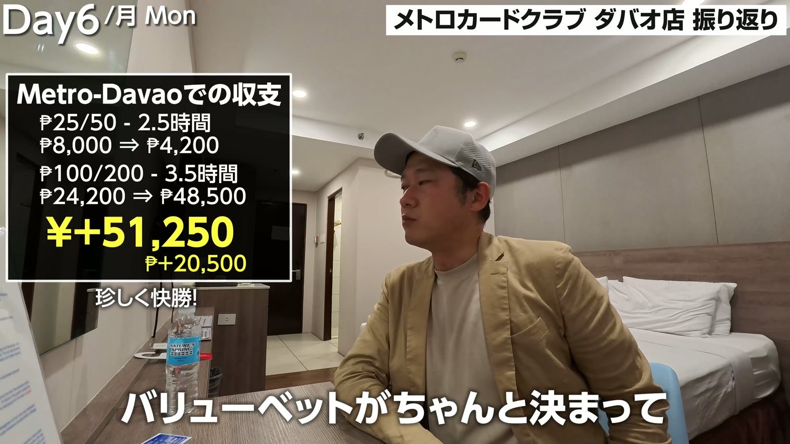 Metro-Davao での収支。25/50 で2.5時間、100/200 で3.5時間、＋₱20,500（＋51,250円）