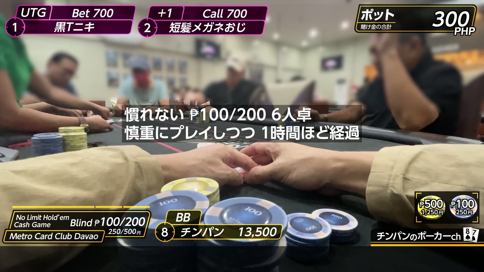 Metro Card Club Davao の店内。慣れない₱100/200の6人卓