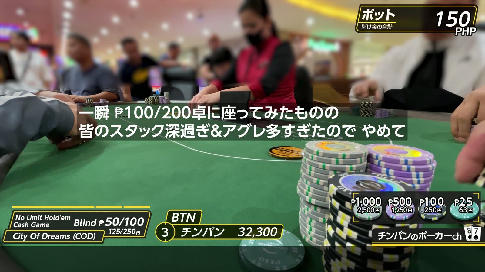 City of Dreams のポーカールーム。一瞬 ₱100/200 に座ったが、スタックが深くアグレッシブな人が多かったので50/100へ