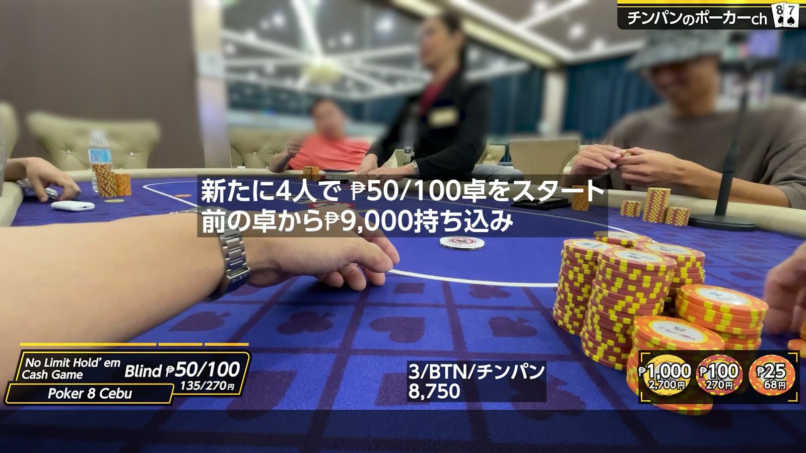 新たに4人で ₱50/100 卓をスタート。前の卓から ₱9,000 持ち込み