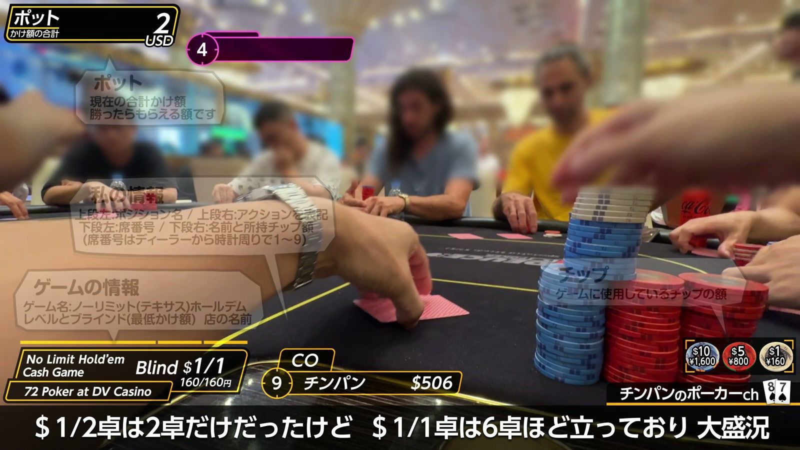 72Poker の卓。$1/2 の卓は2卓だけで、$1/1 の卓は6卓ほど立っていて大盛況