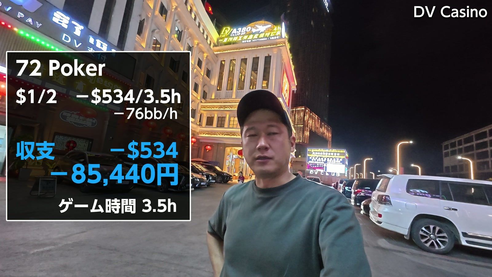72Poker の収支。$1/2 −$534／3.5時間、−85,440円