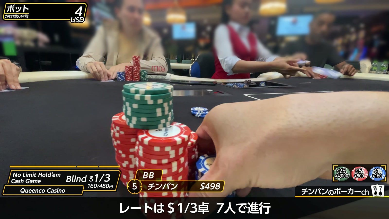 Queenco Casino の $1/3 の卓。7人で進行