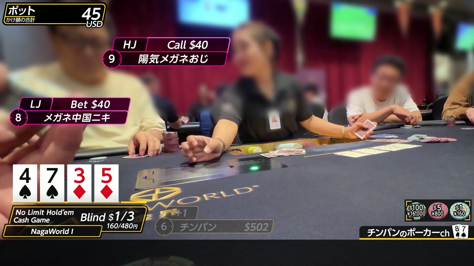 NagaWorld I でのプレイ中。ディーラー、チップ、テーブルに並んだカード