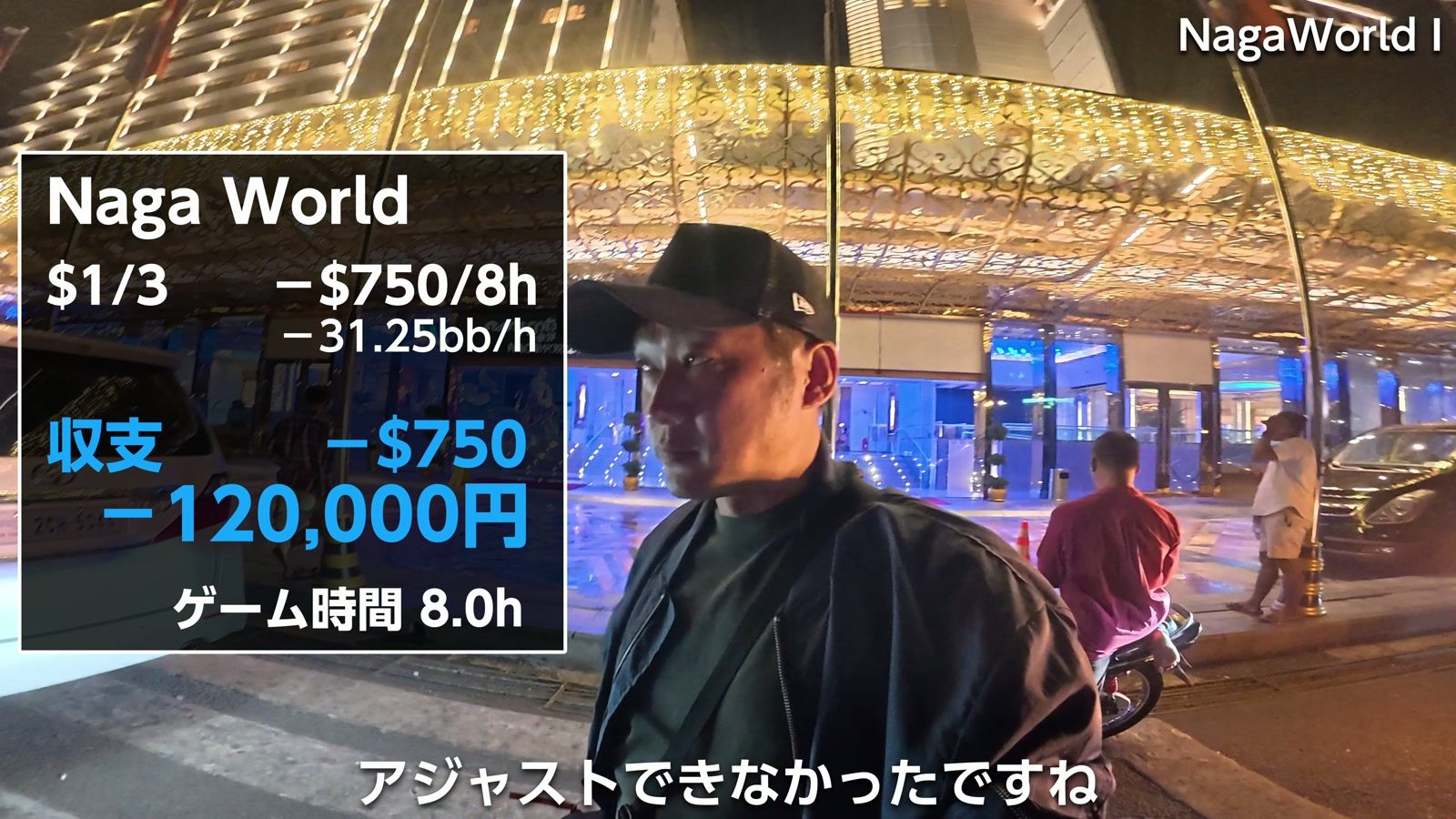NagaWorld の収支。$1/3 −$750/8時間、−120,000円