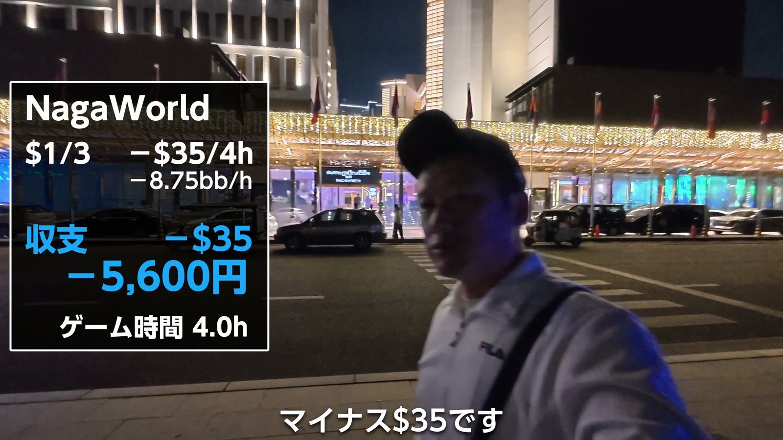 NagaWorld の収支。$1/3 −$35/4h（−8.75bb/h）、−5,600円、ゲーム時間4.0h