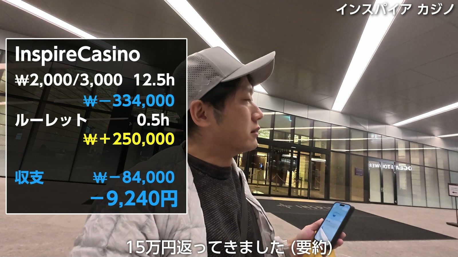 インスパイア カジノの収支。₩2,000/3,000 で12.5時間 −334,000ウォン、ルーレット0.5時間 +250,000ウォン、合計 −84,000ウォン(−9,240円)