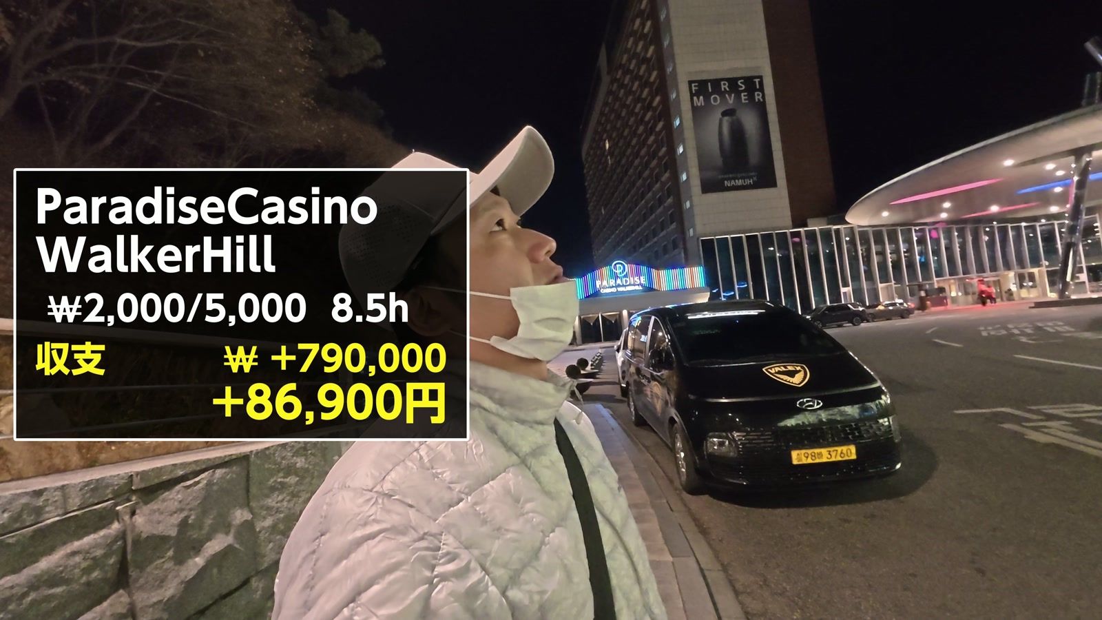 パラダイスカジノ ウォーカーヒルの収支。₩2,000/5,000 で8.5時間、＋790,000ウォン（＋86,900円）