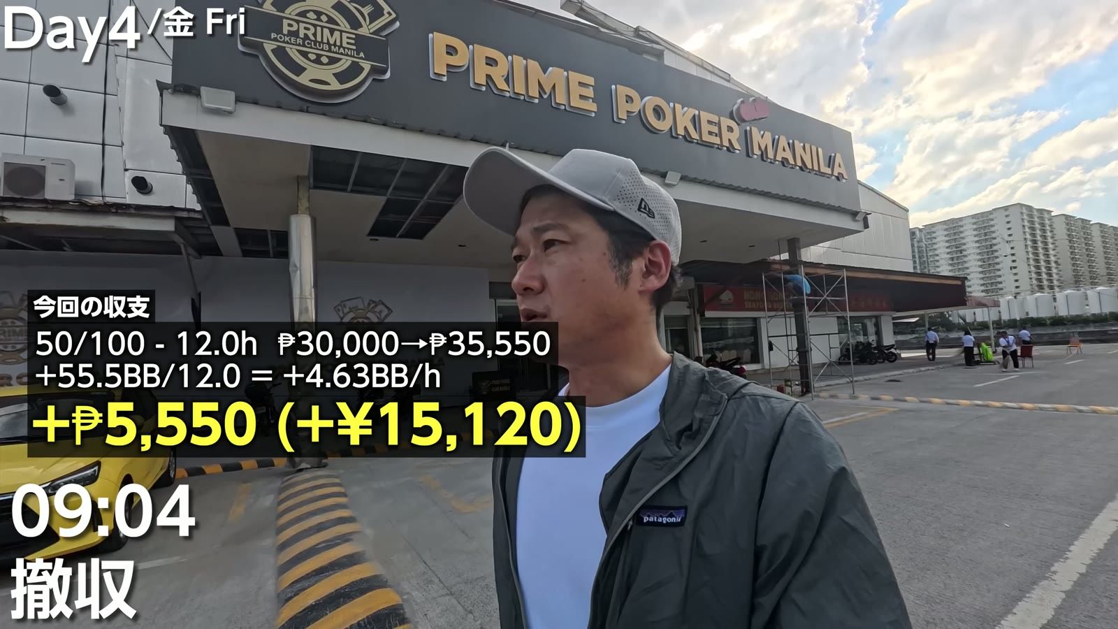 今回の収支 ₱50/100 で12.0時間、₱30,000→₱35,550、＋₱5,550（＋15,120円）