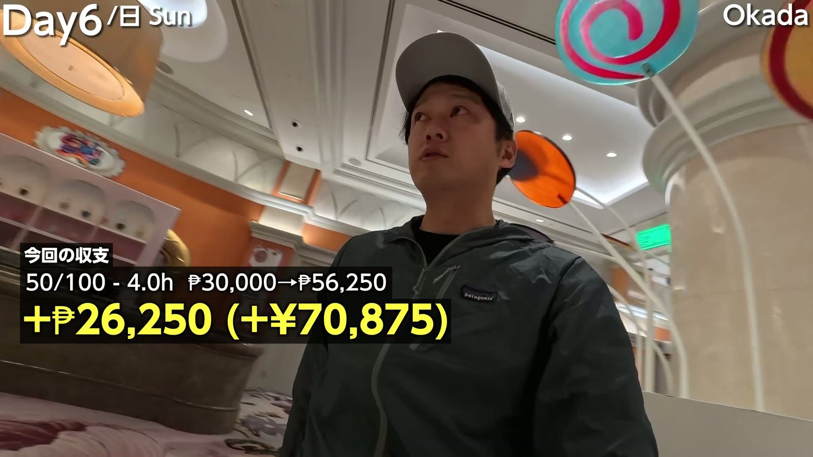 オカダの収支。50/100 で4.0時間、₱30,000→₱56,250、＋₱26,250（＋70,875円）