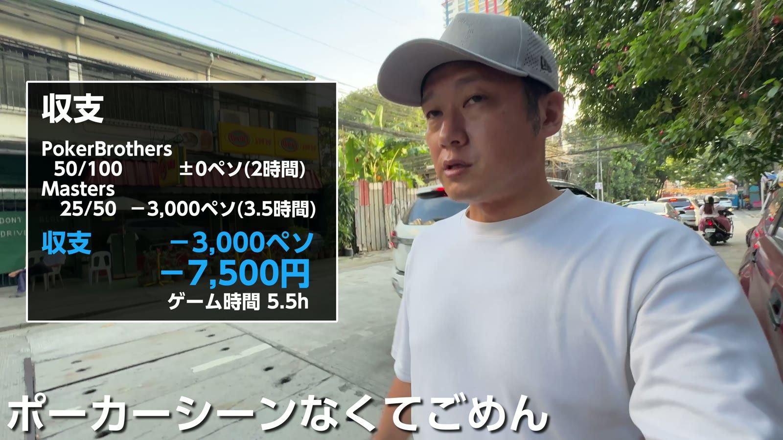 収支。Poker Brothers 50/100 ±0ペソ（2時間）、Masters 25/50 −3,000ペソ（3.5時間）、合計 −3,000ペソ（−7,500円）
