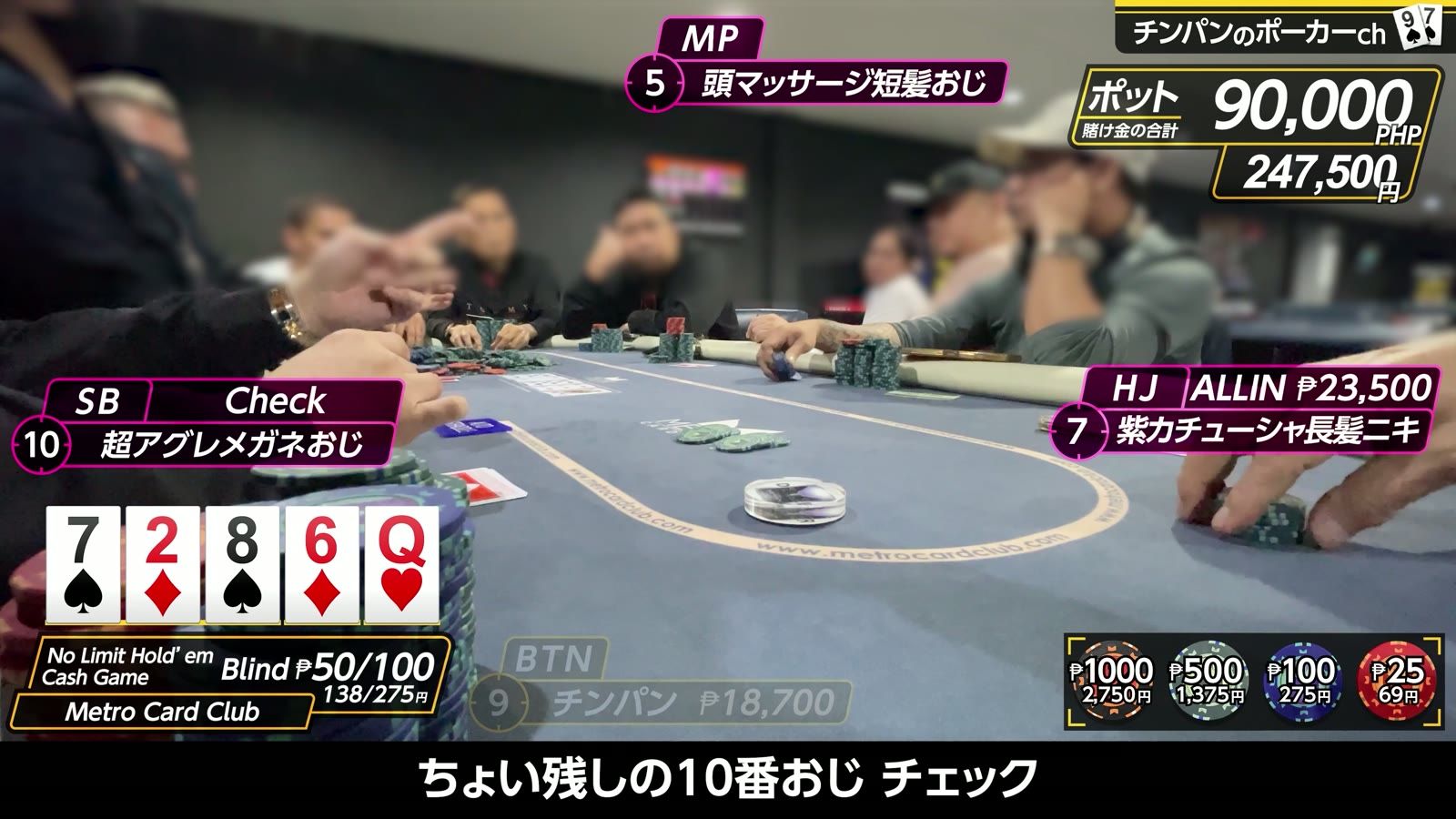 卓では9万ペソ（247,500円）のポットが動いていた