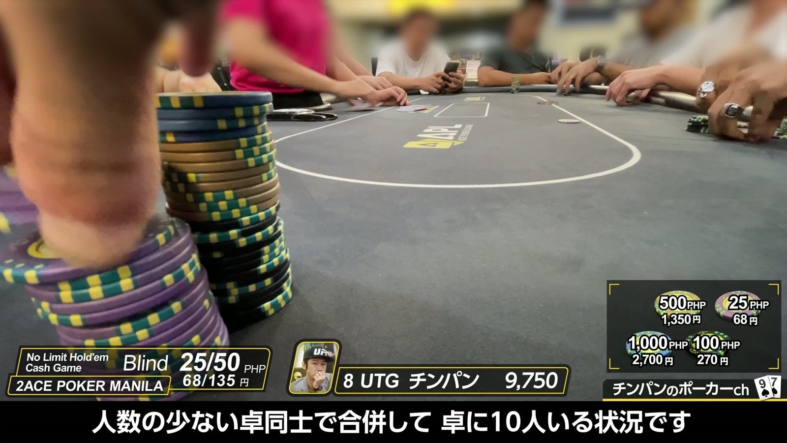 25/50 の卓。人数の少ない卓同士で合併して、卓に10人いる状況