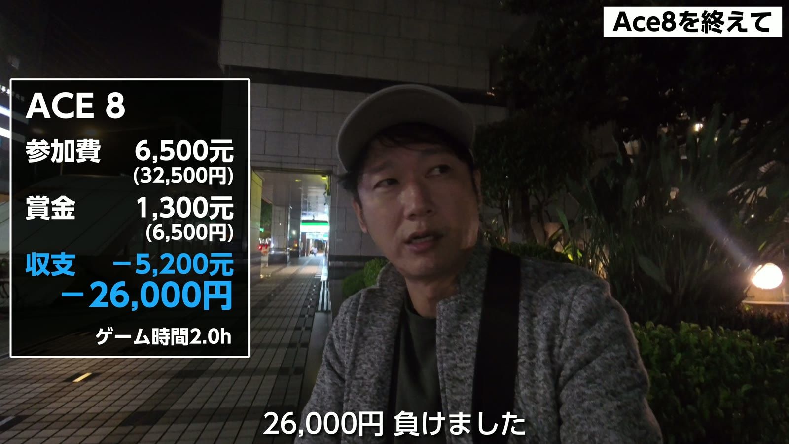 Ace8 の収支。参加費6,500元、賞金1,300元、−5,200元（−26,000円）、ゲーム時間2.0時間