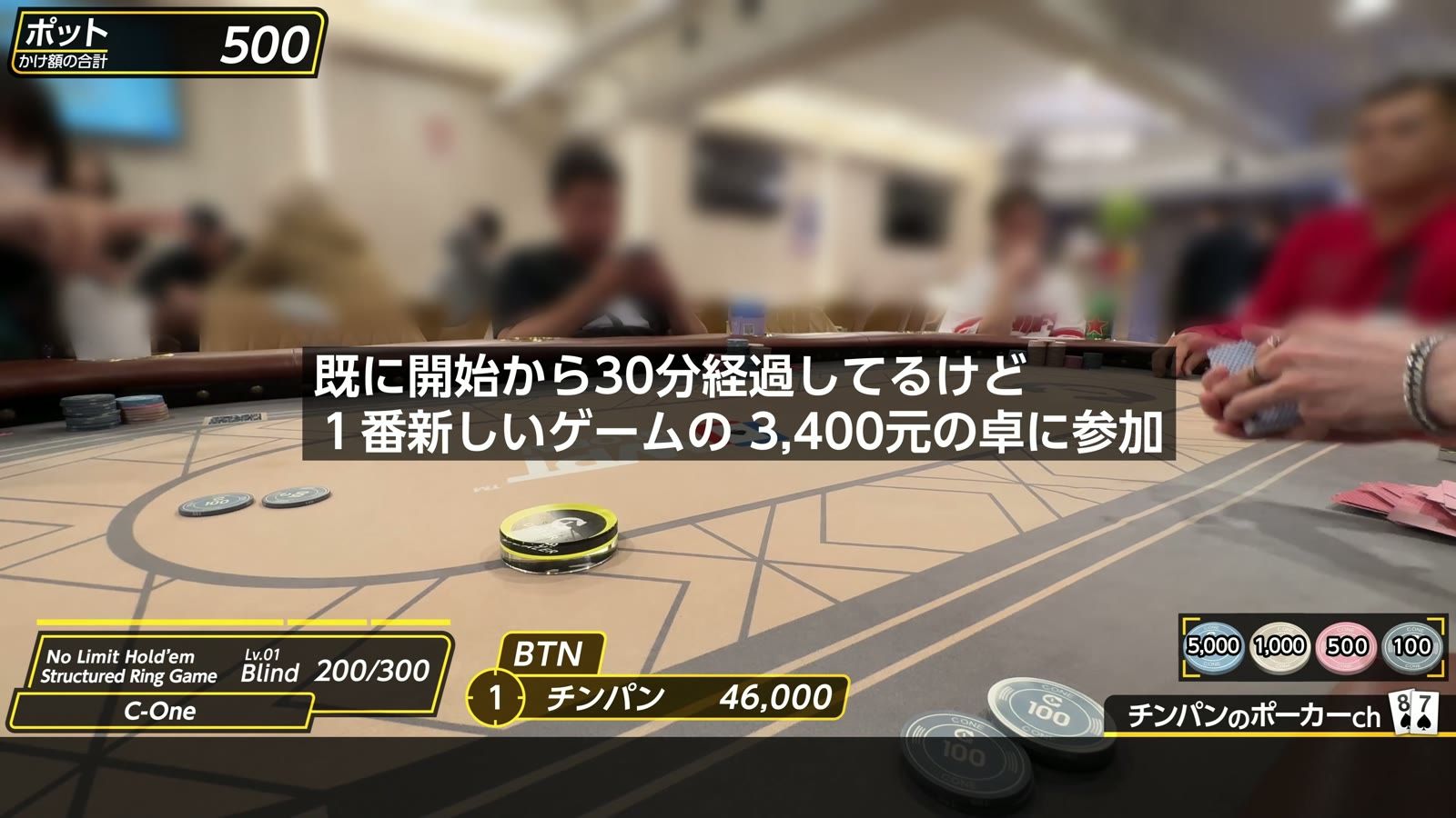C-One の卓。開始から30分経過していたが、一番新しい3,400元の卓に参加
