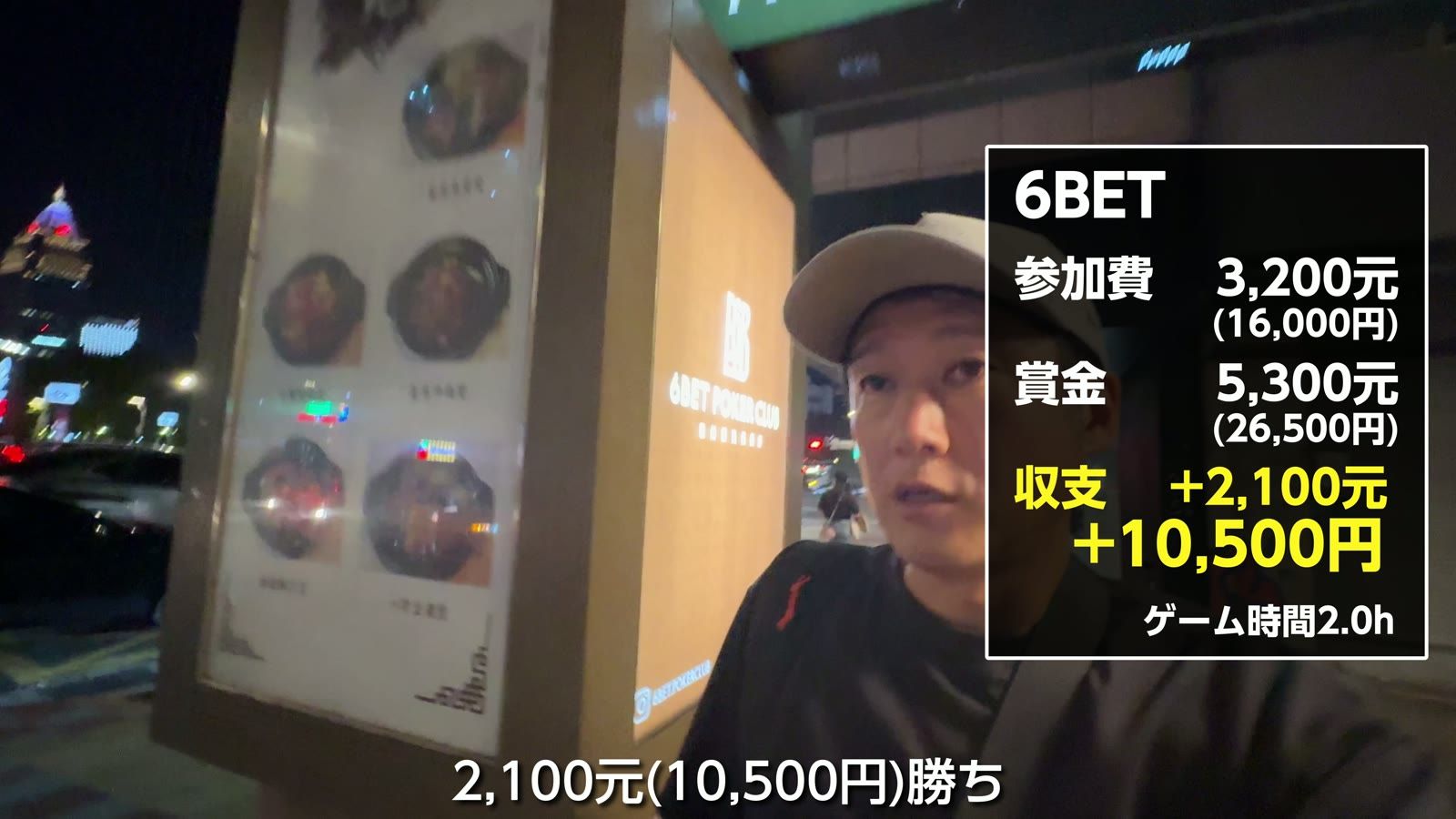 6BET の収支。参加費3,200元、賞金5,300元、＋2,100元（＋10,500円）、ゲーム時間2.0時間