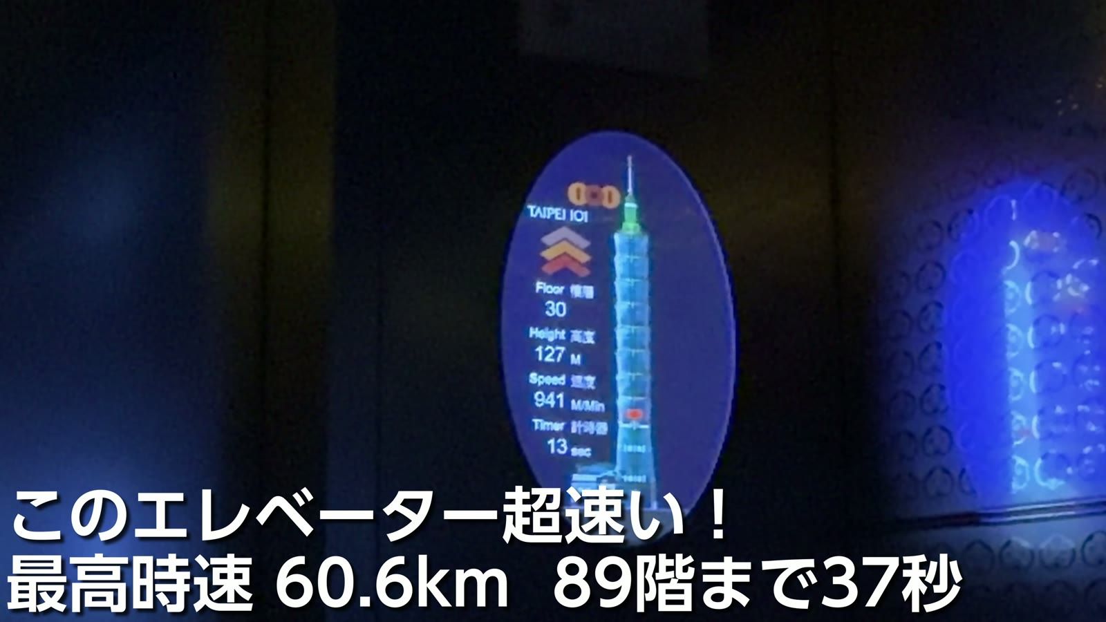 エレベーターの表示。最高時速60.6km、89階まで37秒
