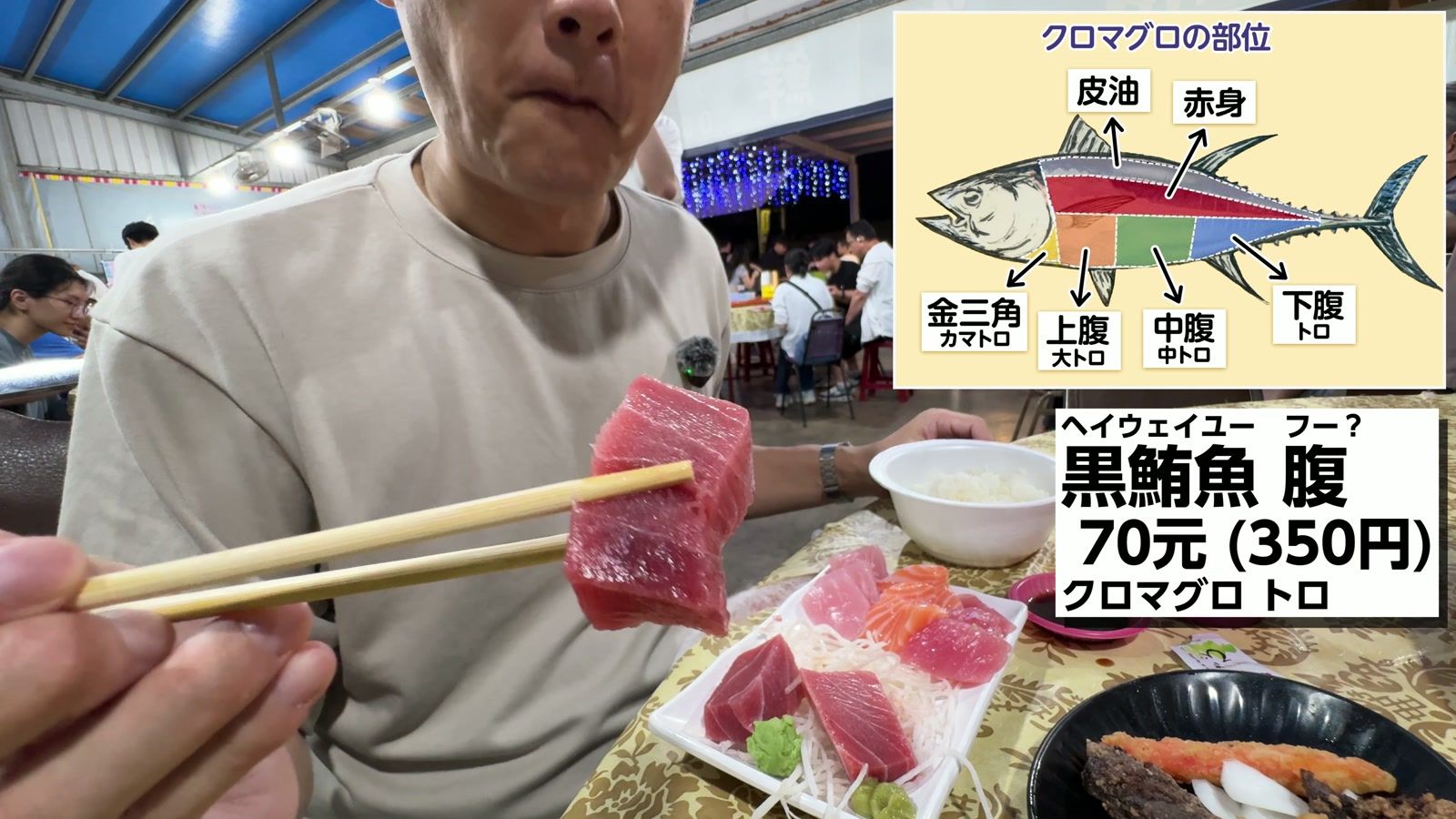 黒鮪魚 腹 70元(350円)。クロマグロのトロ