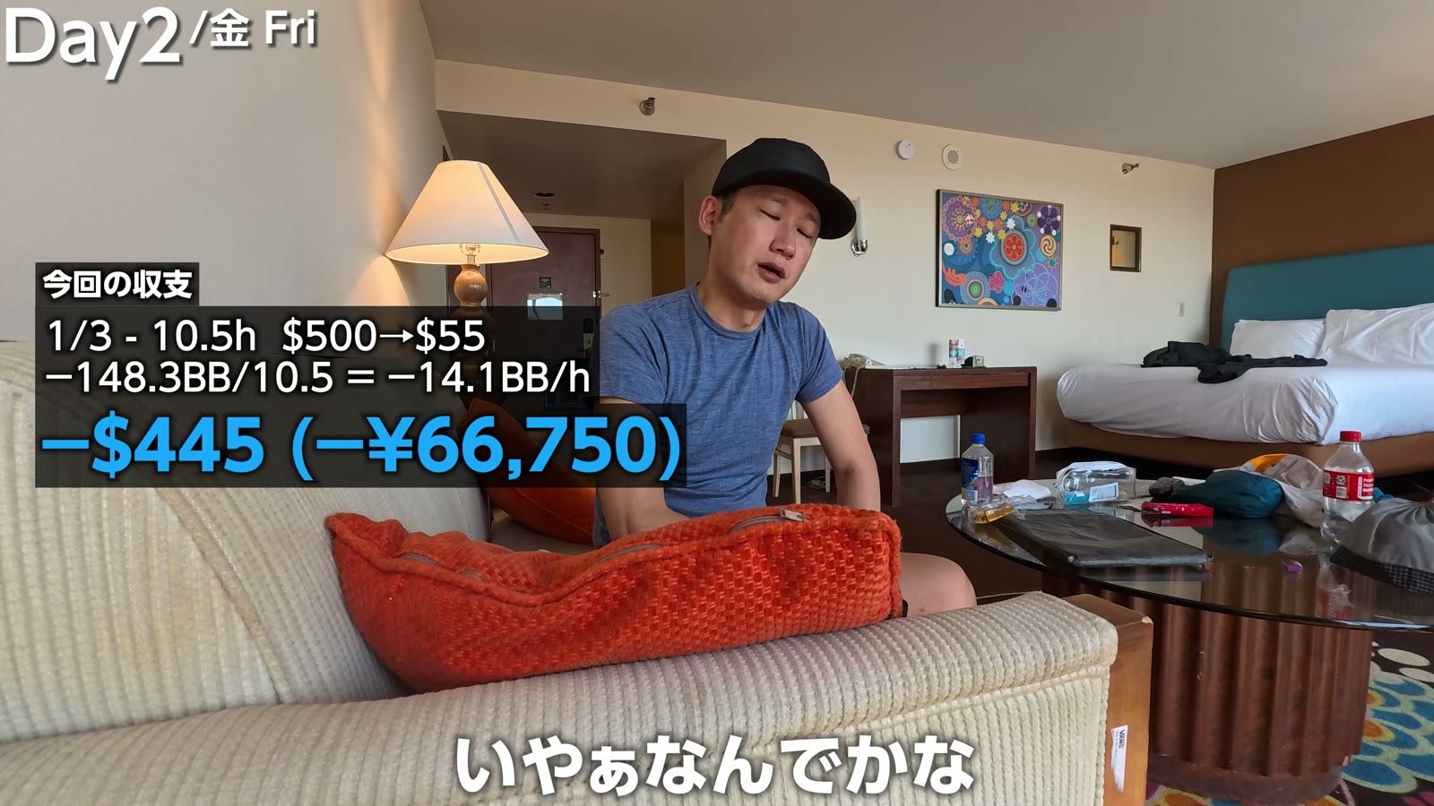 今回の収支。$500→$55、-148.3BB/10.5 = -14.1BB/h