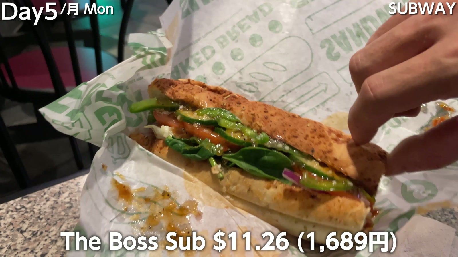 SUBWAY の The Boss Sub $11.26（1,689円）。ハムとミートボールに野菜を全部乗せ